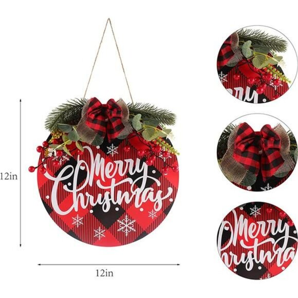 Merry Christmas Wreath, Christmas Sign for Front Door, Buffalo Plaid - Picture 4 of 4